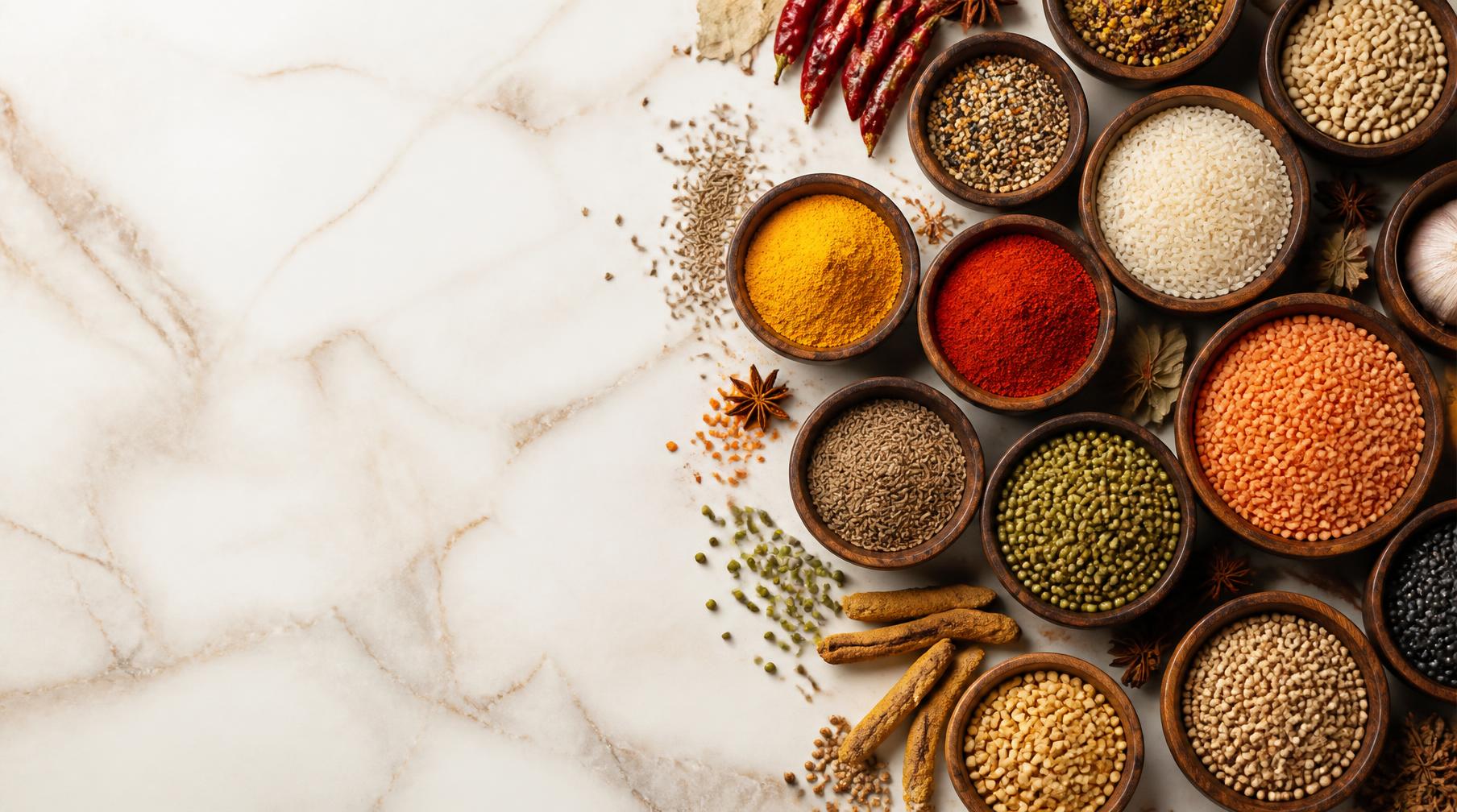 Indian spices, pulses and grains in wooden bowls on marble